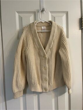 Hanna Andersson Cream Ribbed Shawl-Collar Button Cardigan Girls Size 8
